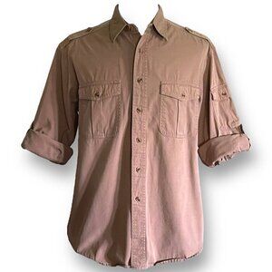 Sundance Mens Shirt XL Tan Utility Cargo Pocket Roll Tab Sleeve Military Safari